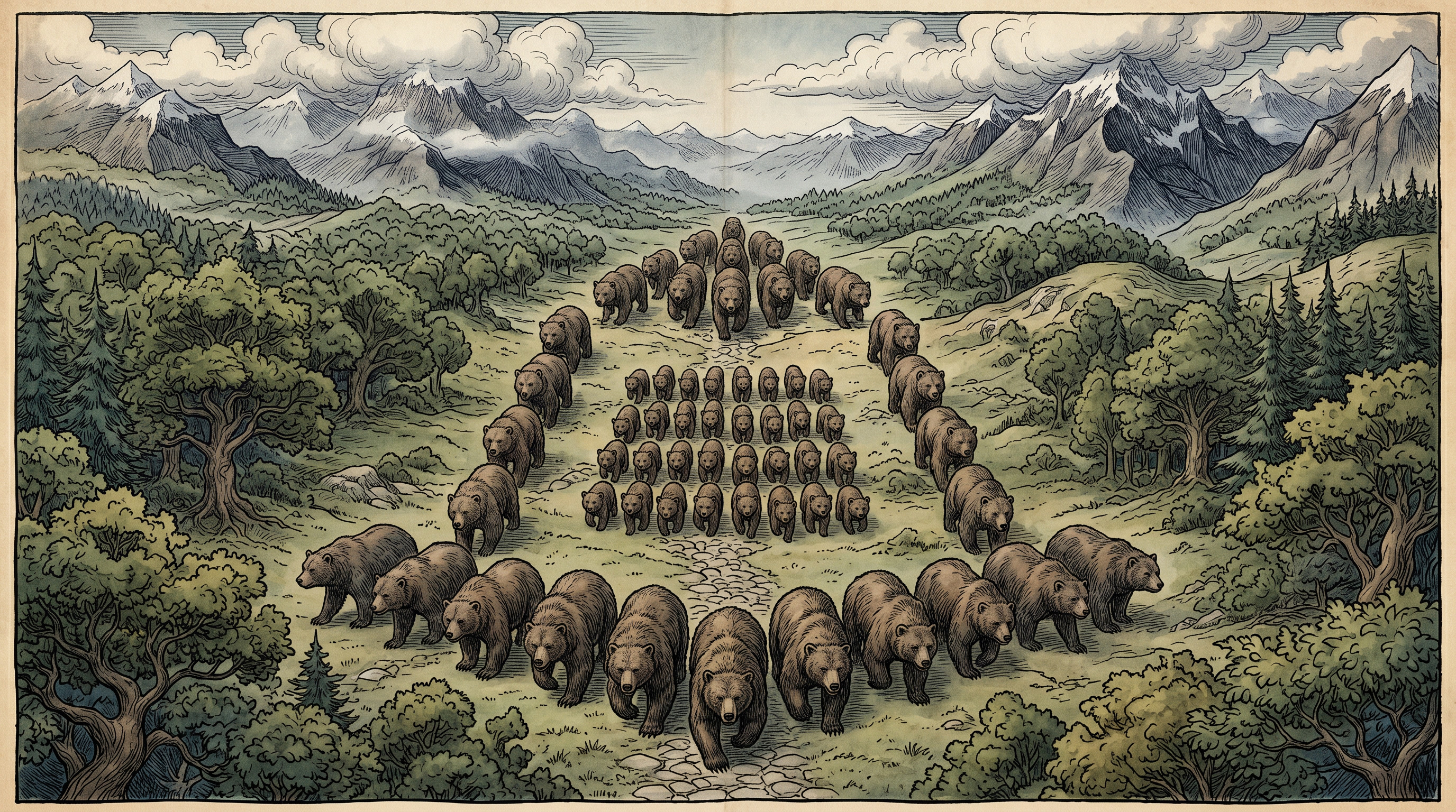 The bear group formation: little bears travel in the middle, protected by big bears on all sides.
