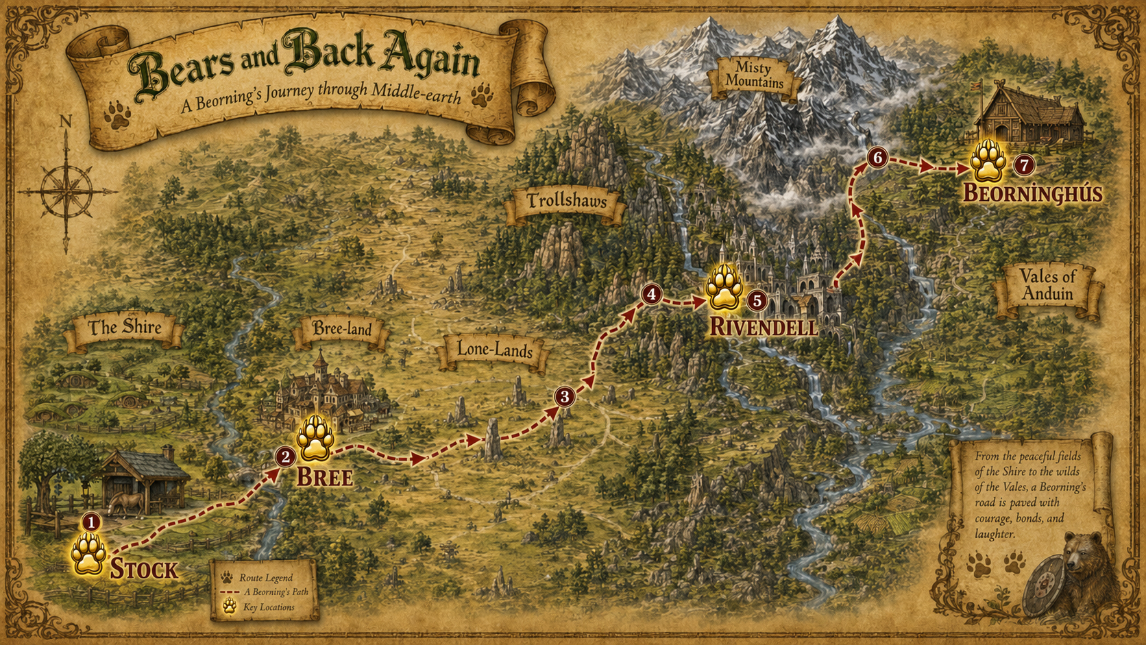 Map of the route from the Shire through Middle-earth to Beorninghûs